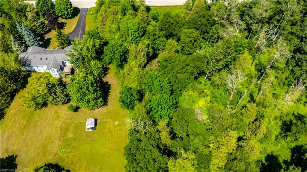 Extensive wooded lot surrounding a residential structure with a gray shingle roof and a paved driveway