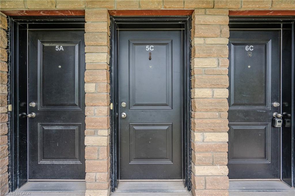 Entry doors with panel detailing, surrounded by multi-toned stone veneer and contrasting dark trim