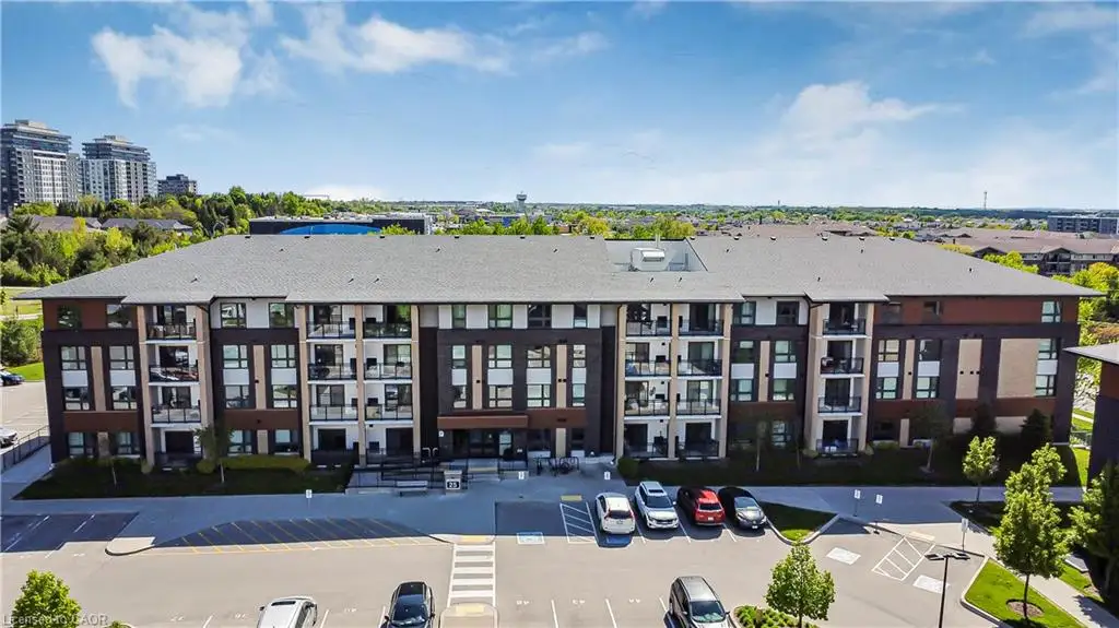 Contemporary multi-story building featuring a dark gray roofline and integrated balconies