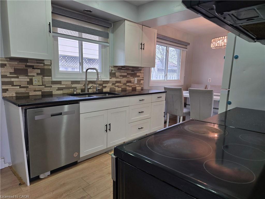 Kitchen featuring white cabinetry, dark countertops, a mosaic tile backsplash, a stainless steel dishwasher, and wood-finish flooring