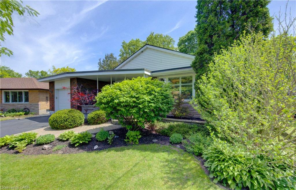 Mid-century modern home exterior featuring a covered entry, attached garage, and a lush front garden with mature plantings