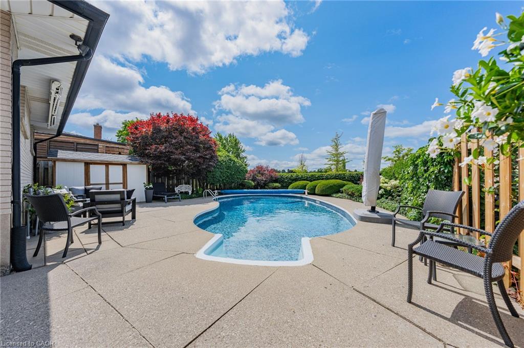 Backs to Parkland with NO rear neighbours!  Inground heated pool has fully-landscaped, fenced yard with no grass to maintain!  Power awning with rain sensors provides shade on hot days, and great concrete patio.