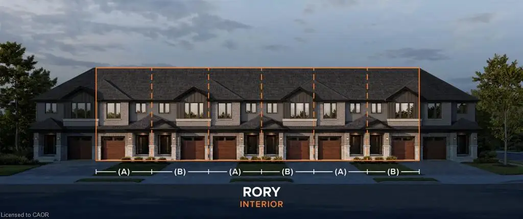 Multi-unit residential complex featuring gabled rooflines, vertical panel siding, stone veneer accents, and private attached garages