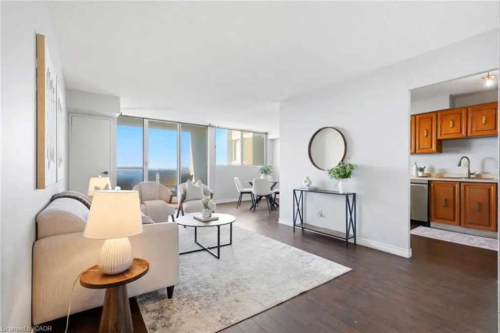 Dark wood-finish flooring throughout, bright white walls, and a kitchen featuring wood cabinetry and a stainless-steel dishwasher