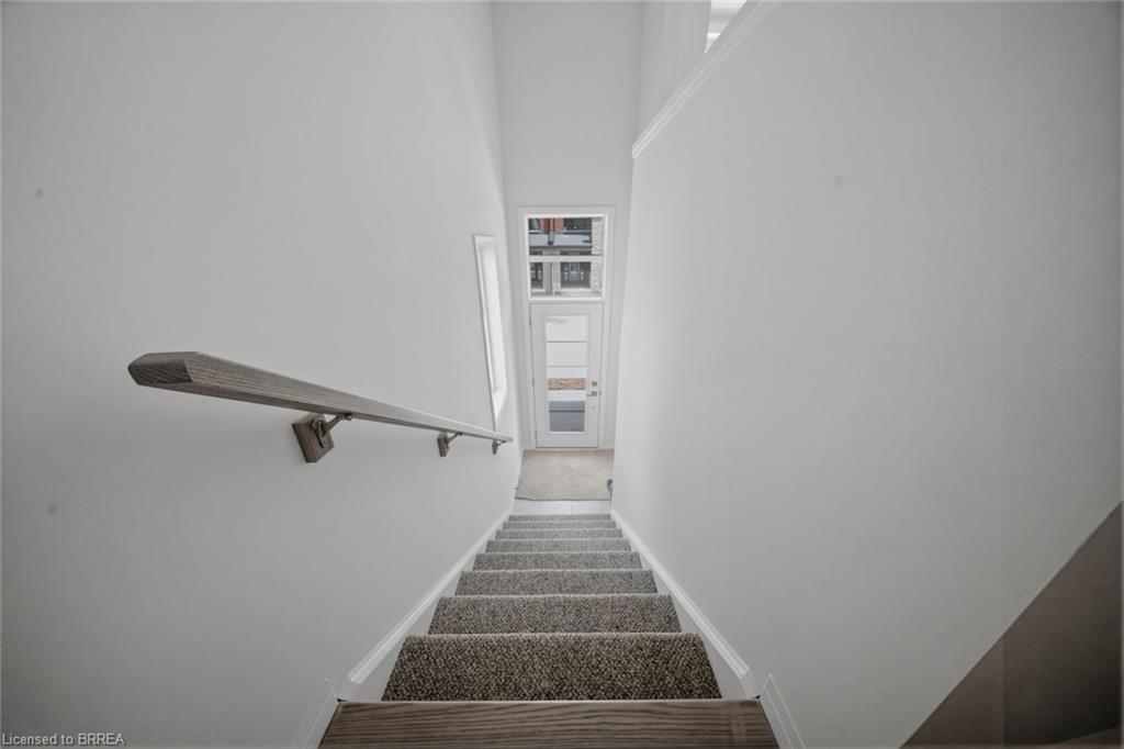 Staircase with carpeted treads, wood-finish risers, and a prominent wood-finish handrail