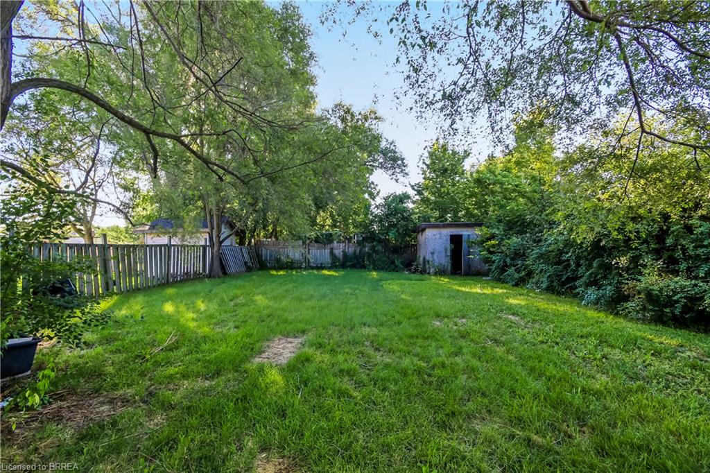 Expansive grass lawn with surrounding mature trees and a wood privacy fence