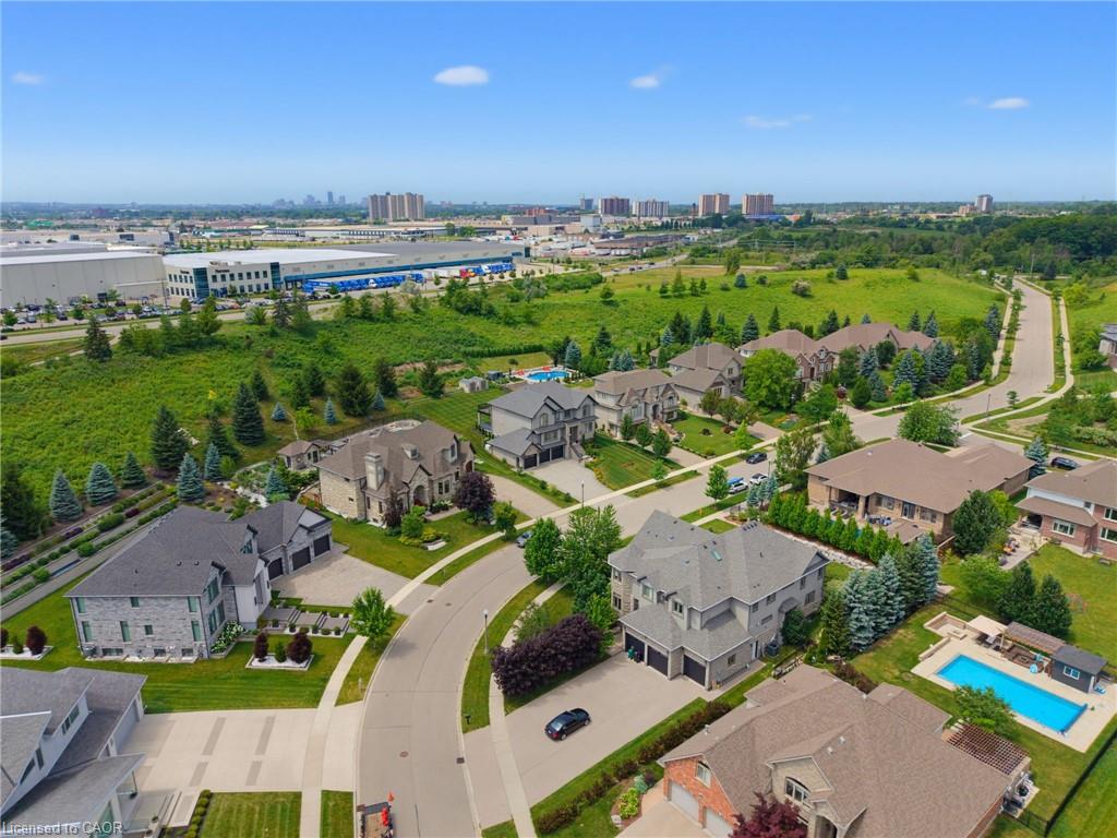 Aerial perspective showcasing a residential community with varied architectural styles