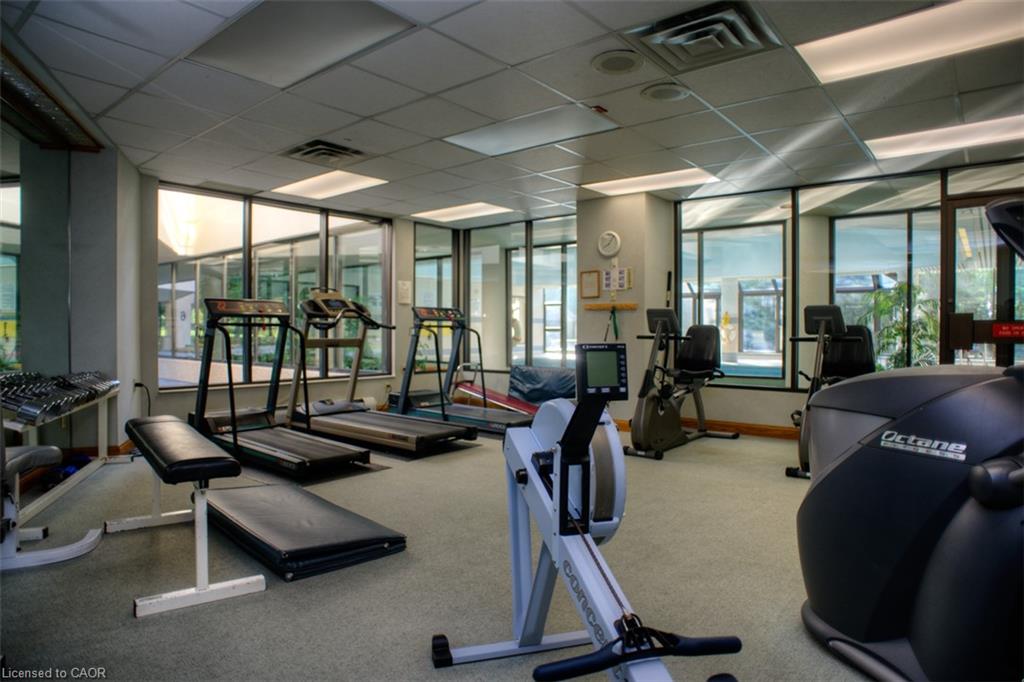 Fitness center featuring large windows, wall-to-wall carpeting, and recessed lighting