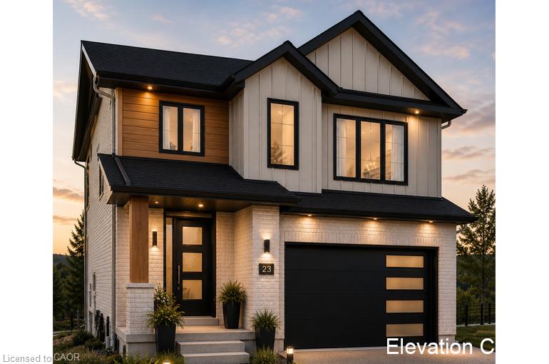 Modern exterior featuring a black roof, light-colored brick, vertical siding, and wood-finish accents