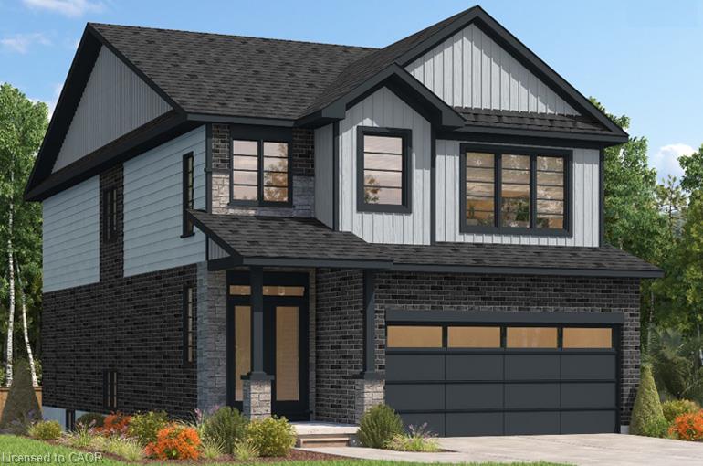 Multi-textured exterior featuring dark brick, light siding, and stone accents