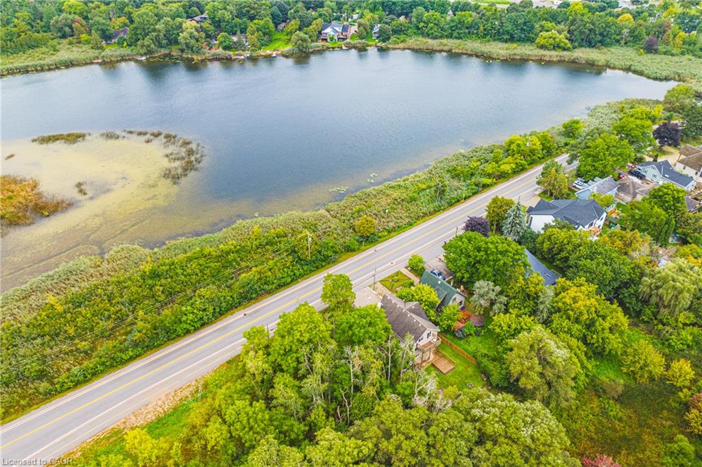 Waterside setting featuring a tranquil lake, lush green treeline, and a paved road