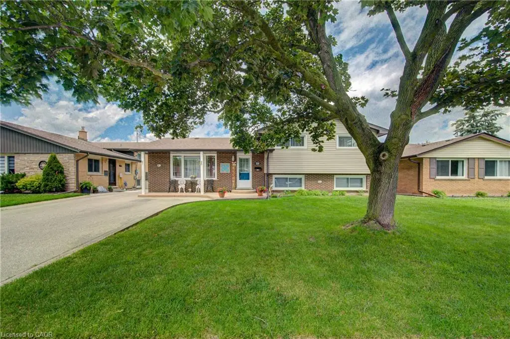 Split-level residence featuring a brick and siding facade, a prominent mature tree, a paved driveway, and a well-maintained front lawn
