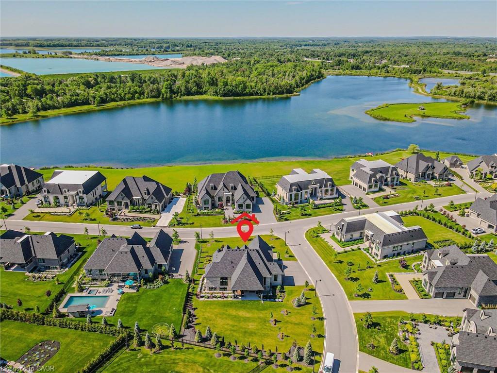 Aerial view of residential area with a large body of water