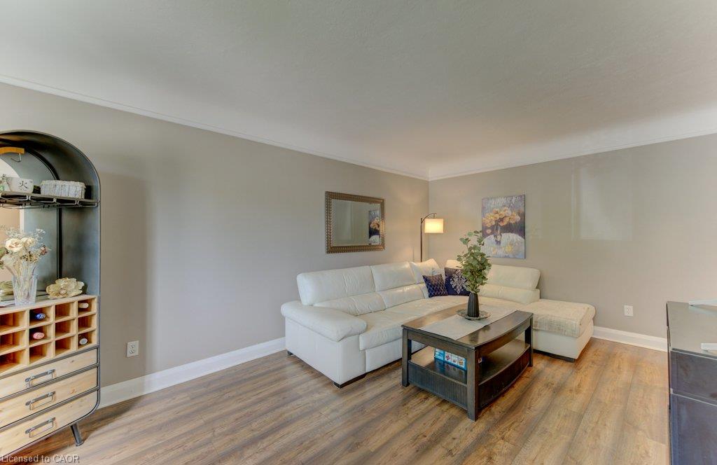 Wood-finish flooring, neutral wall tones, and crown molding