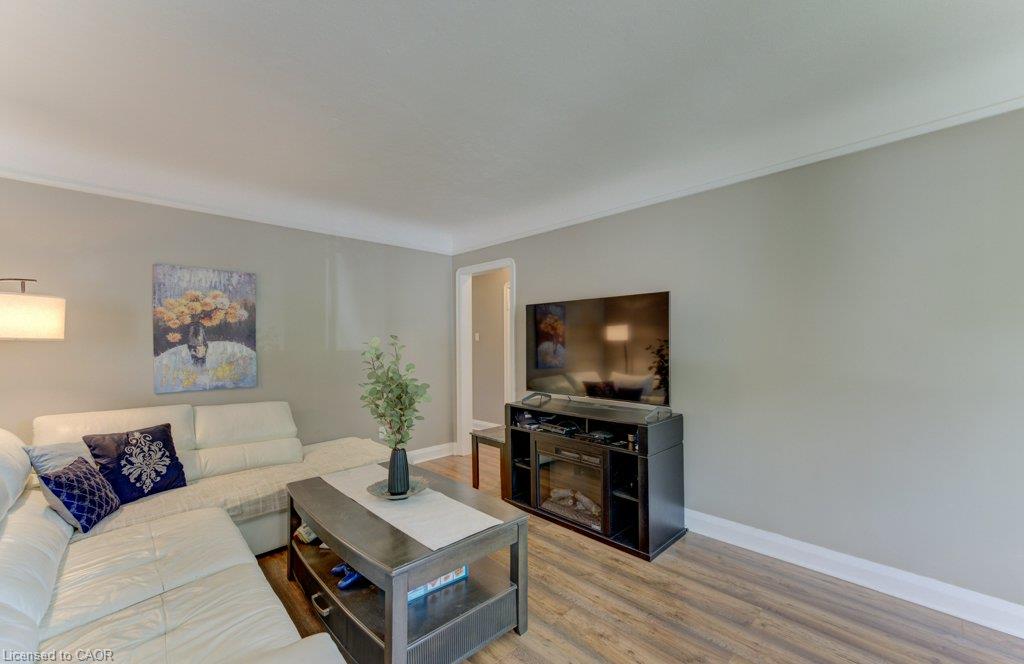 Crown molding, light gray wall paint, wood-finish flooring, and white trim
