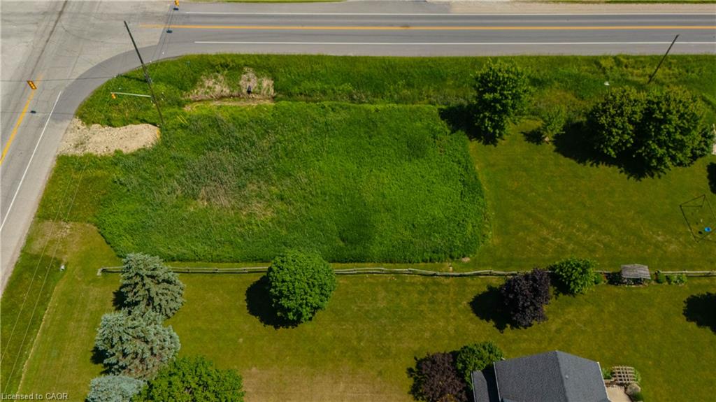 Expansive parcel featuring a verdant lawn and mature trees, bordered by a two-lane road