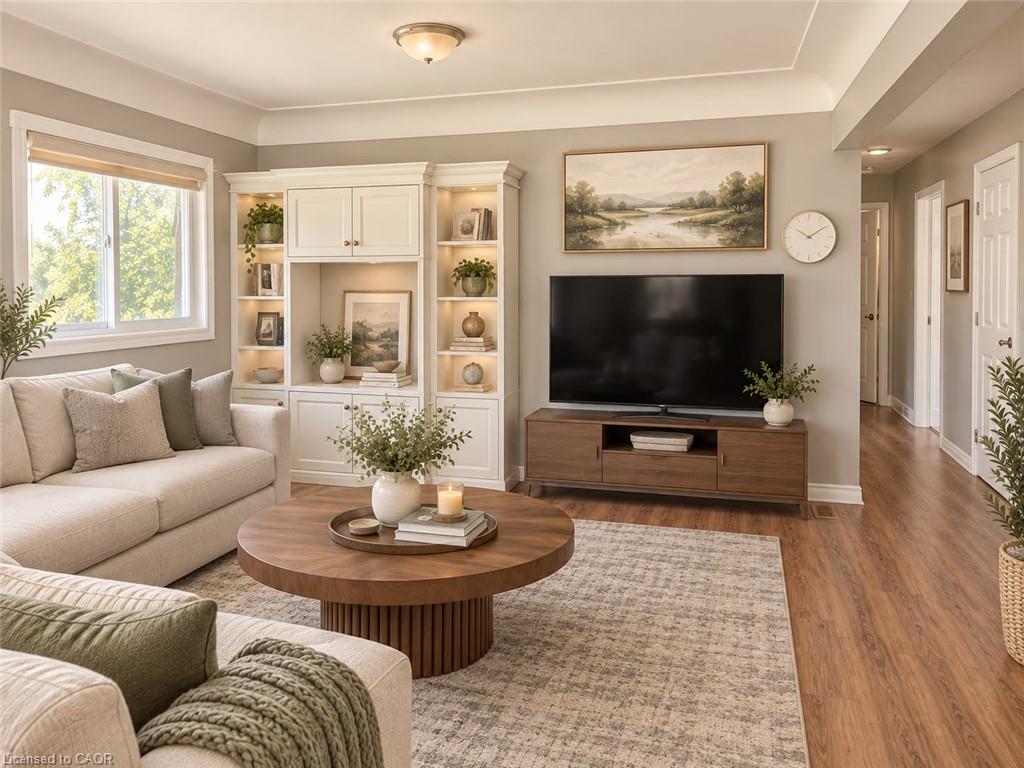 Built-in shelving with integrated lighting, wood-finish flooring, recessed ceiling lighting, and crown molding