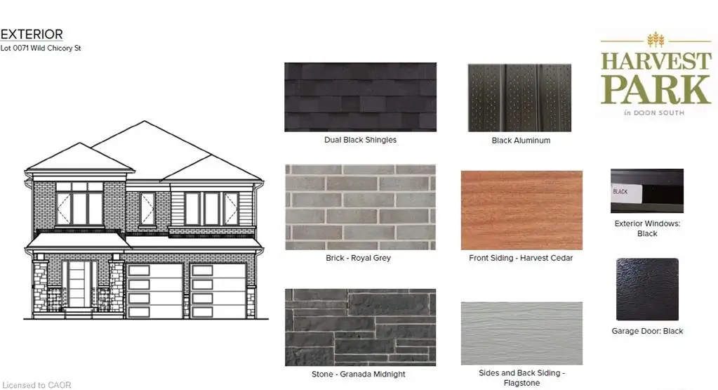 Exterior Elevation Document. Displaying the architectural rendering of the property's exterior and material specifications