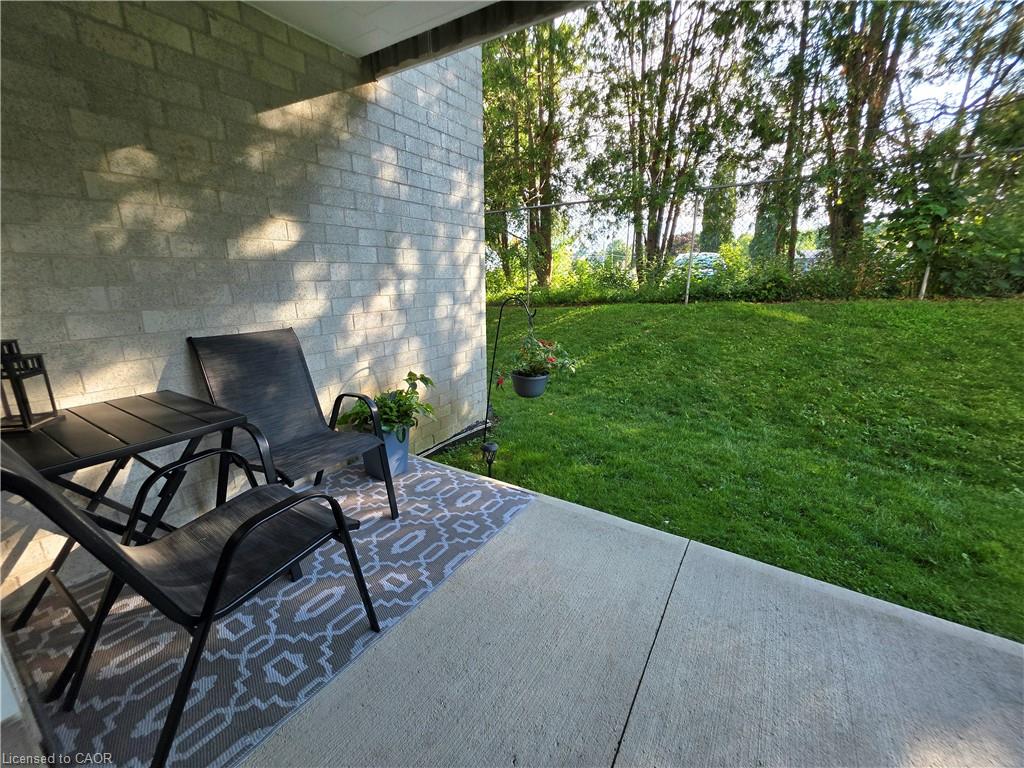 Concrete patio bordered by a block wall exterior, featuring a sloped lawn and mature trees