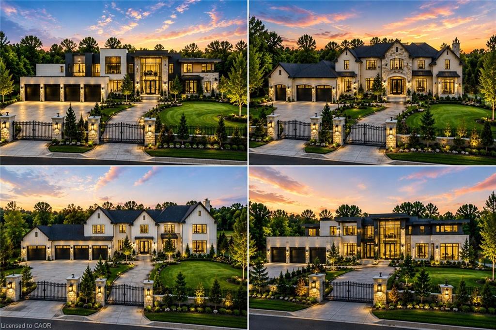 Real Estate Listing. Four exterior perspectives of the property, showcasing its architectural features and surrounding landscaping