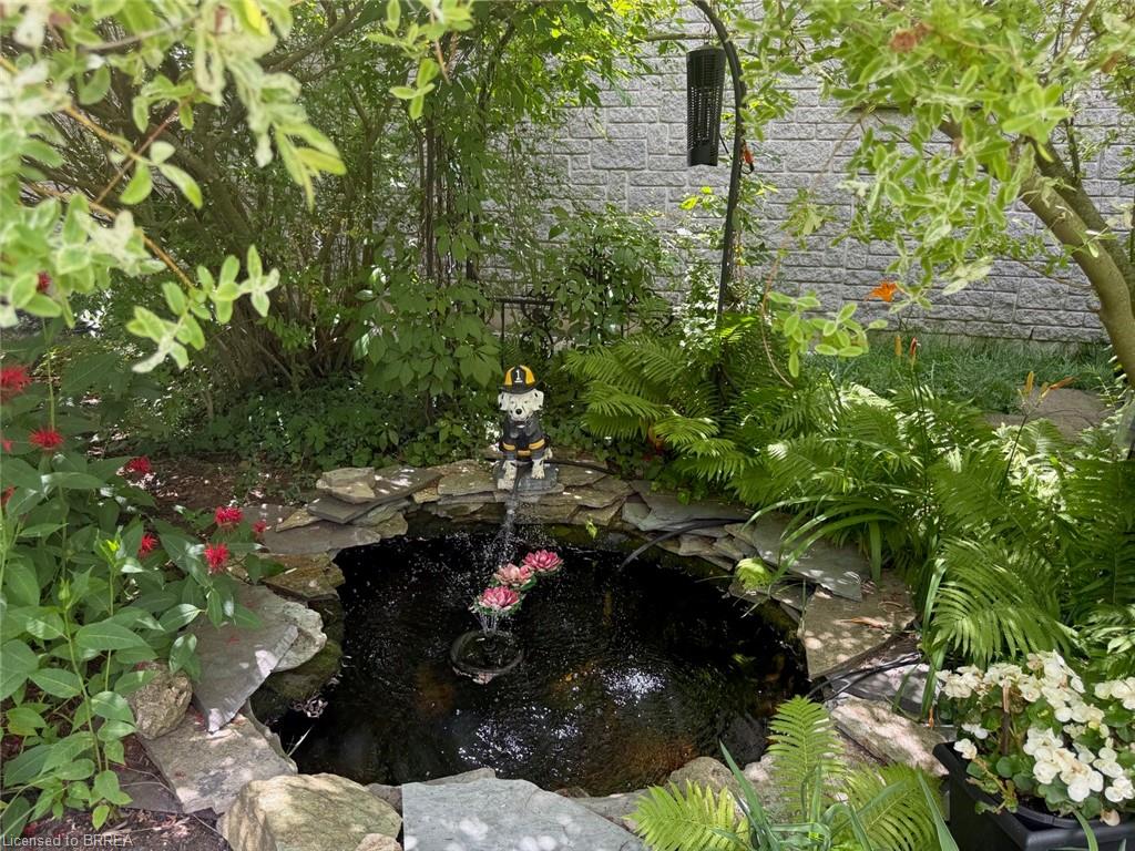 Landscaped garden pond featuring a water fountain, natural stone border, diverse plant foliage, flowering red plants, and a gray stone wall backdrop
