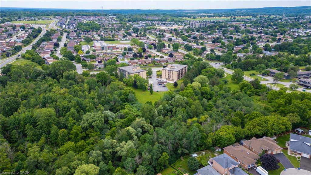Expansive treed area surrounds both building, and part of the Moffat Trail with Moffat Creek winding through it.