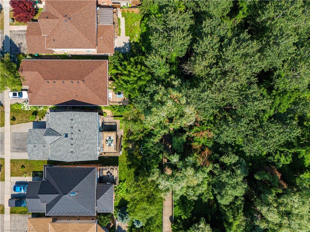 Aerial perspective showcasing properties bordering a wooded area