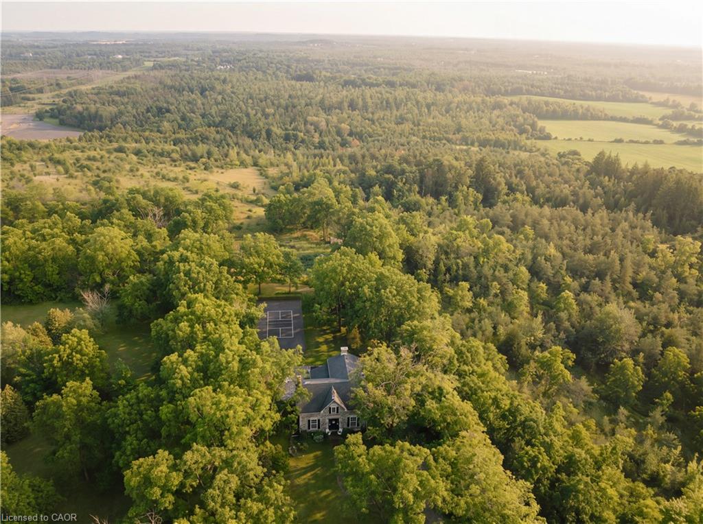 Property surrounded by extensive tree coverage and open fields