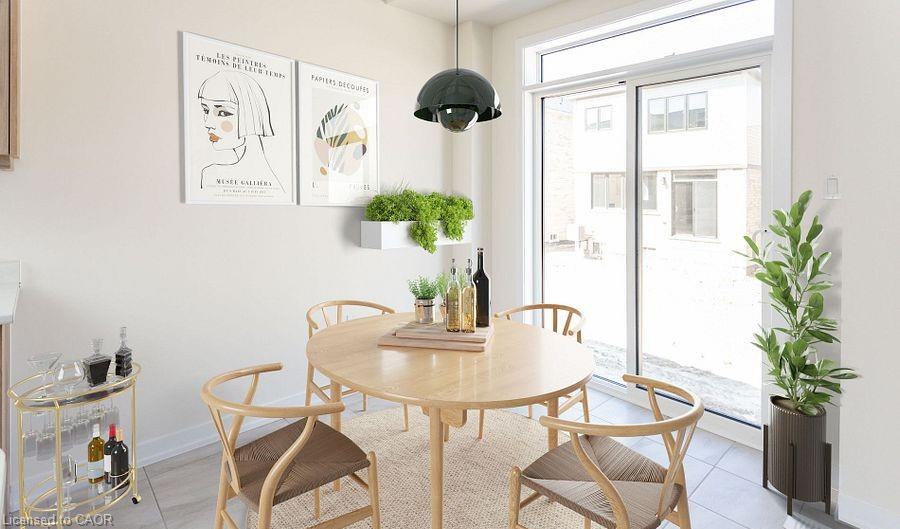White painted walls, tile flooring, and a contemporary pendant light fixture
