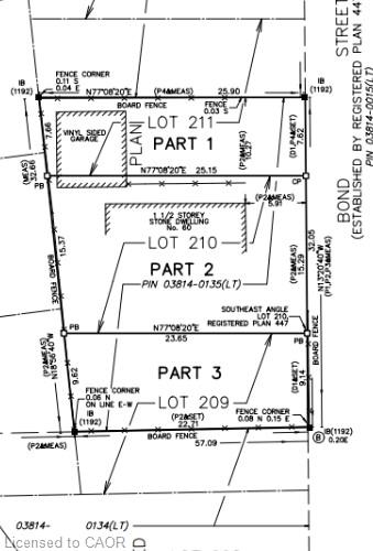 Survey Plan. Illustrating property boundaries, lot divisions, and existing structures on the property