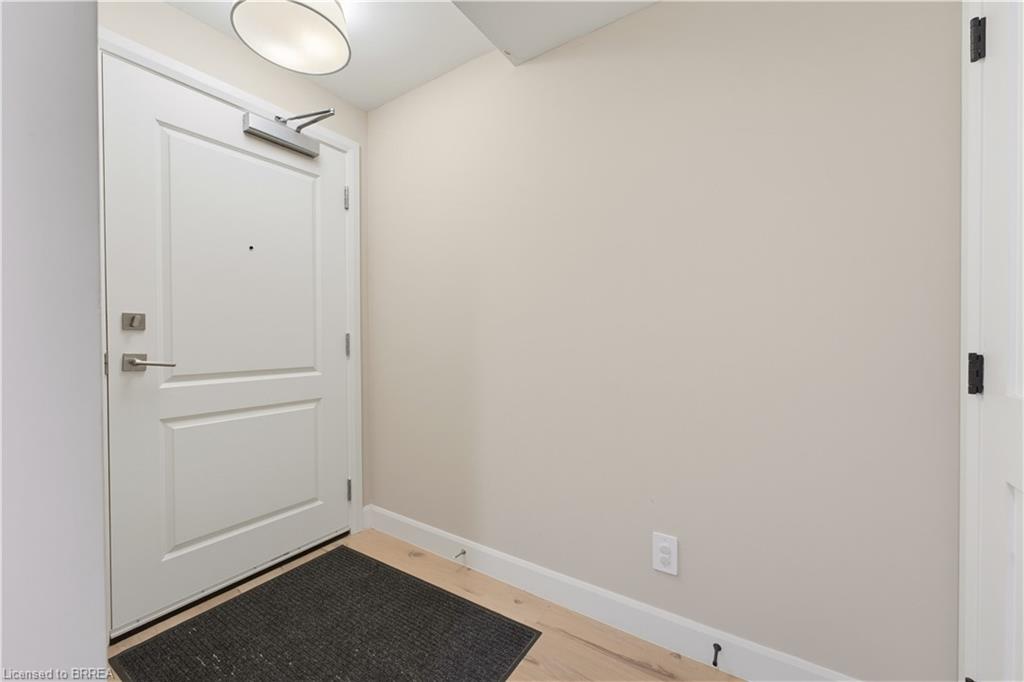 Entryway featuring a paneled door with brushed nickel hardware, light wood-finish flooring, and a flush-mount ceiling light
