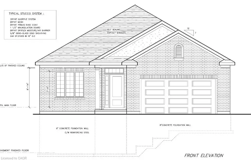 Architectural Drawing, Front Elevation. Illustrating the exterior facade of the property with details on the stucco system and foundation construction