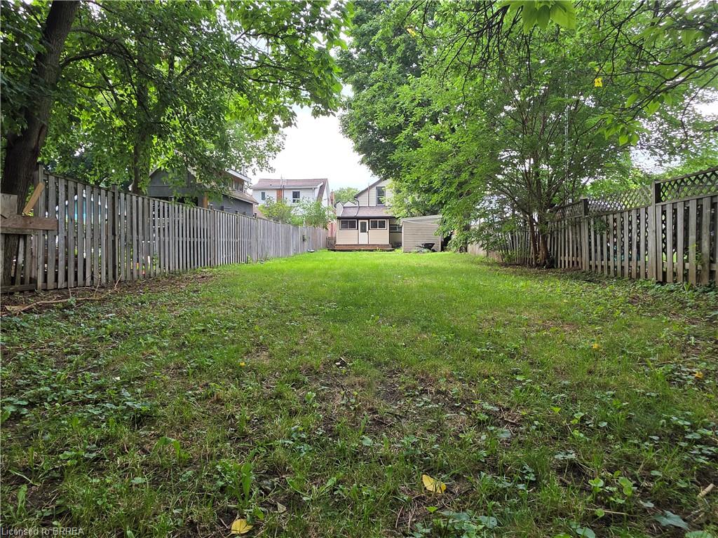 Expansive grassy yard with mature trees providing partial shade