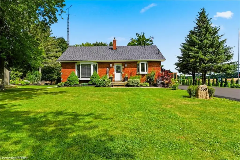 Brick exterior with a gabled roof and a well-maintained lawn