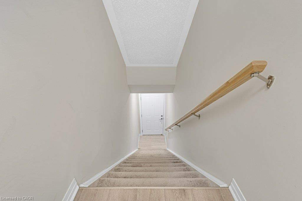 Carpeted stairs with wood-finish flooring at the base