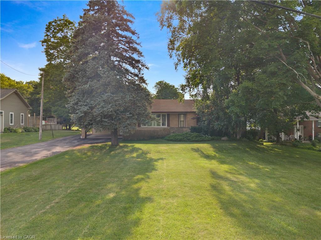 Expansive front lawn with mature trees and a paved driveway