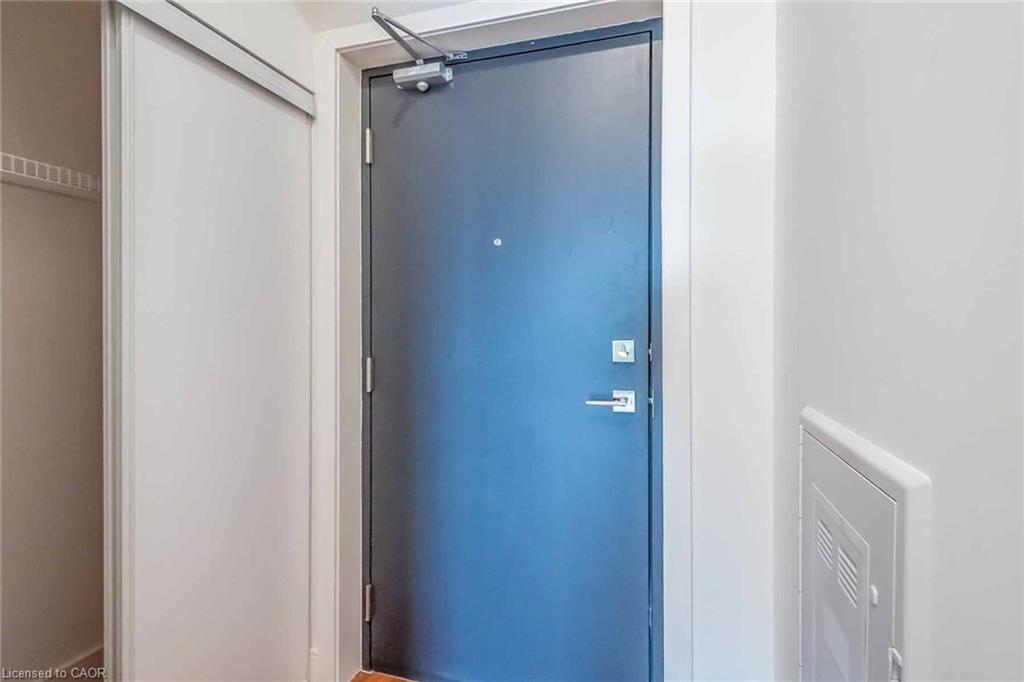 Dark panel door with contemporary hardware and a sliding closet door with wire shelving