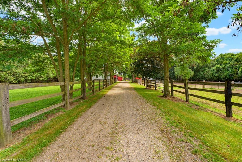 Gravel driveway bordered by split rail fencing and mature trees