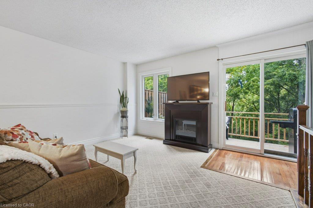 Living area featuring a dark wood-finish electric fireplace, sliding glass door access to an exterior deck, carpeted flooring, and a large window