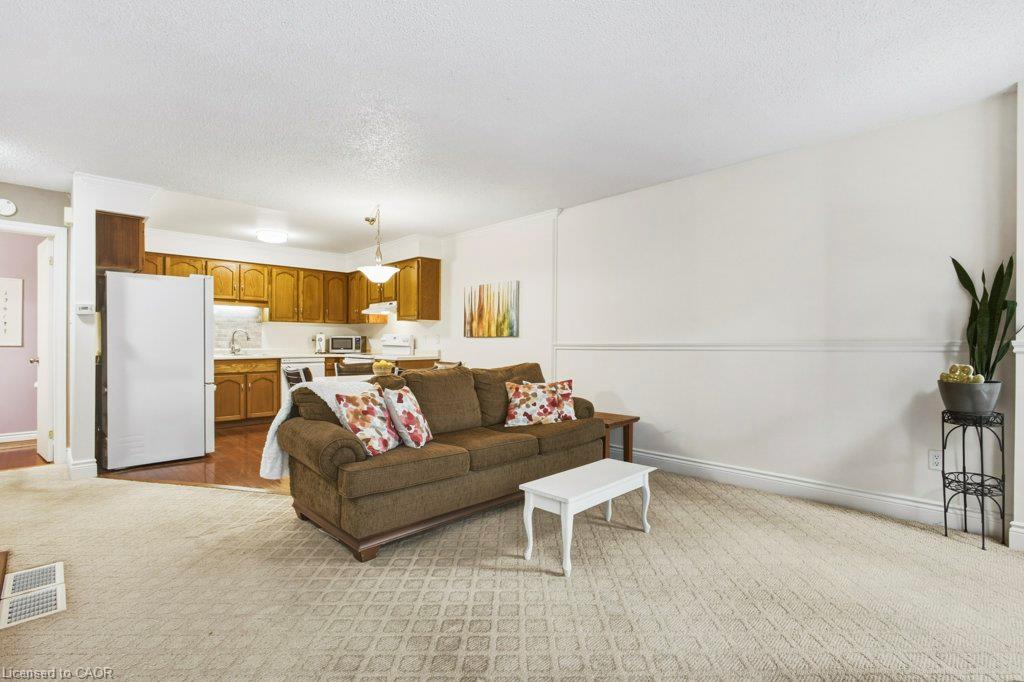 Kitchen with wood cabinetry and white appliances, wood-finish flooring in kitchen, carpeted living area, and white wall trim