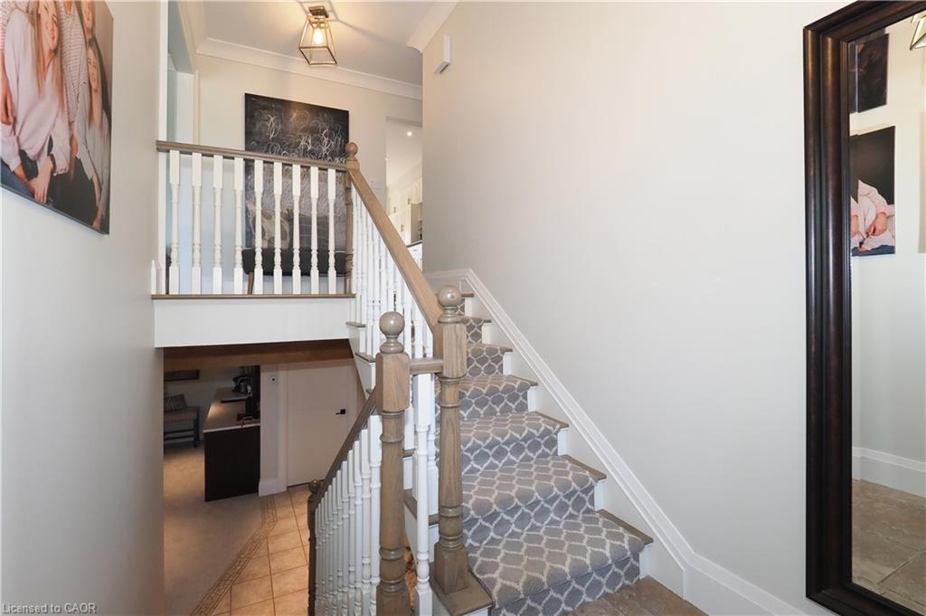 Staircase featuring patterned runner, wood-finish handrail, and white balusters
