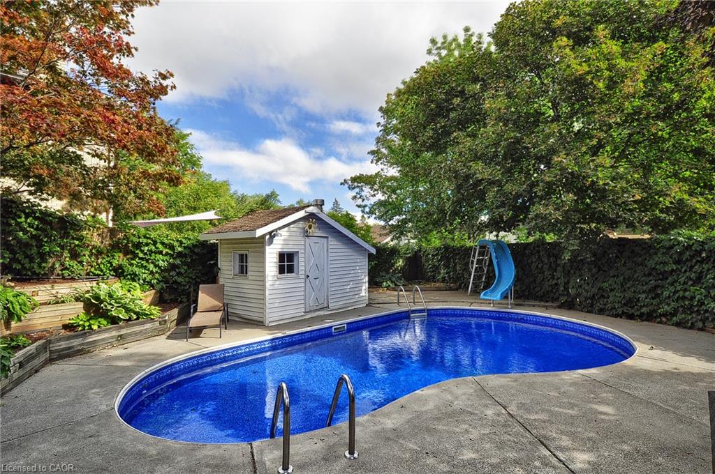 Kidney-shaped swimming pool with concrete surround