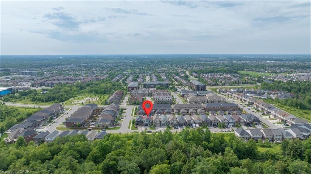 Aerial perspective showcasing the residential neighborhood with a dense tree line