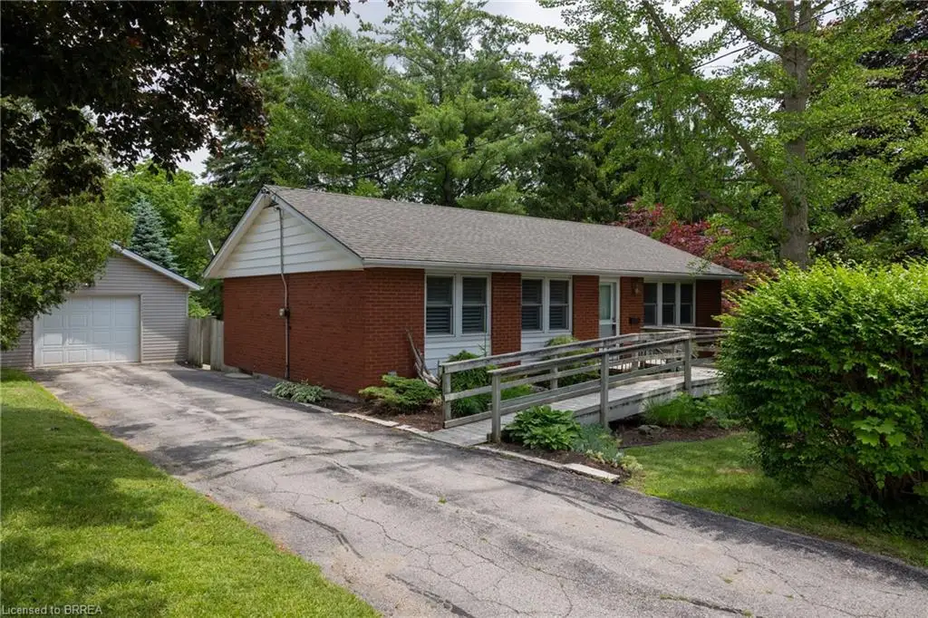 Brick ranch-style home featuring a covered front entrance and white window shutters