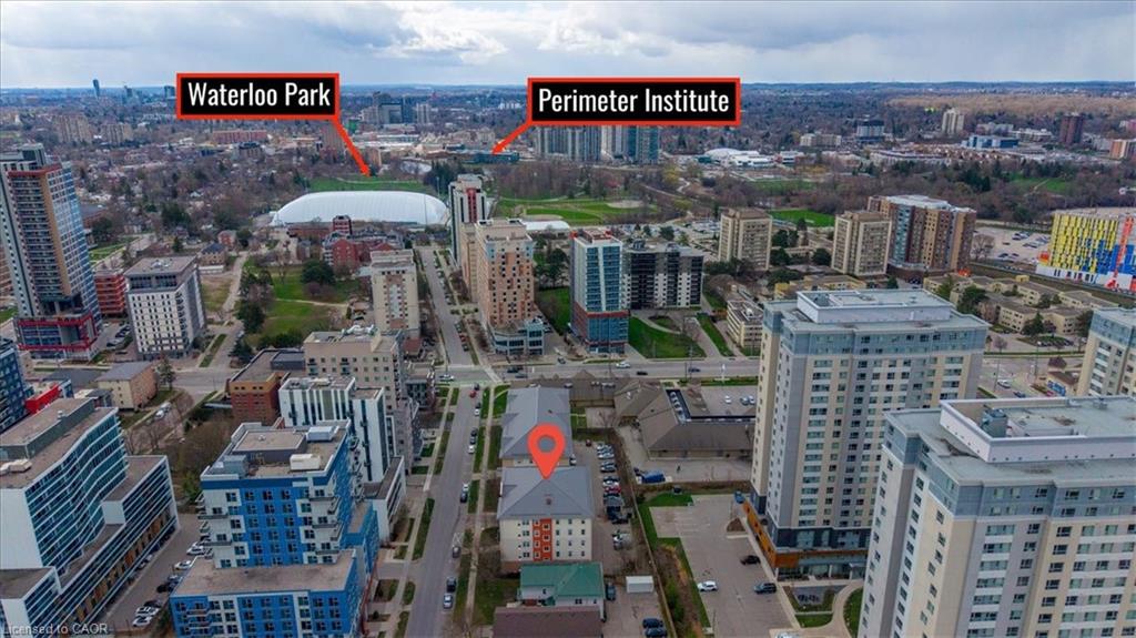 Aerial perspective showcasing a dense urban environment with a variety of architectural styles