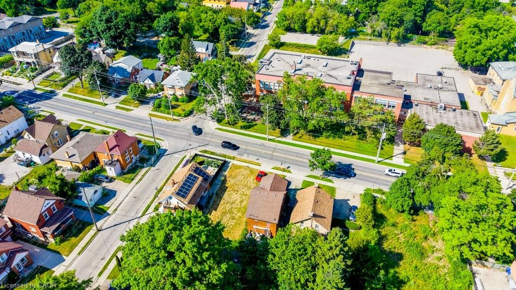 Aerial perspective showcasing a residential area with varied architectural styles