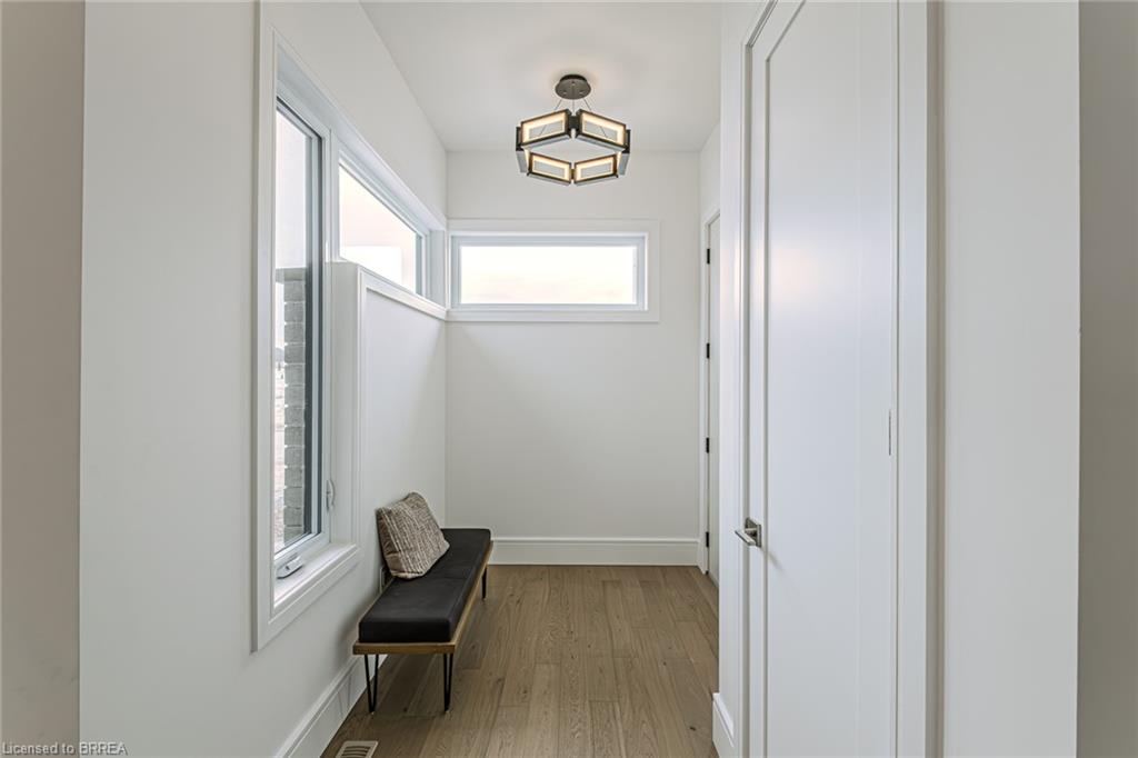 Hardwood-style flooring, transom windows, flush-panel doors, and a contemporary ceiling fixture