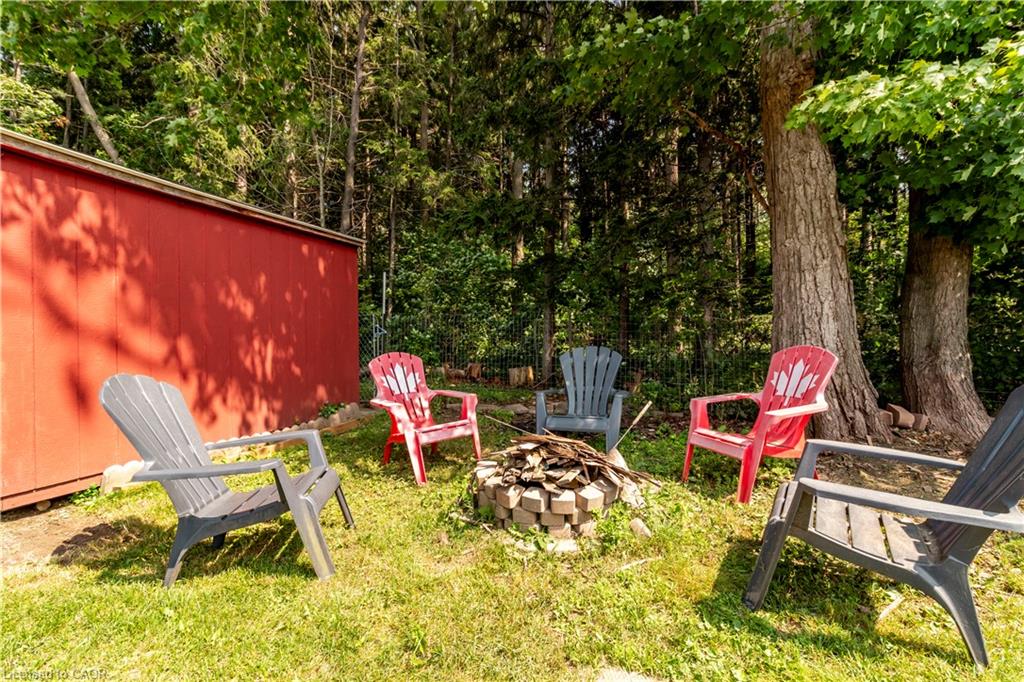 Backyard fire pit area with stone surround, surrounded by mature trees and verdant foliage